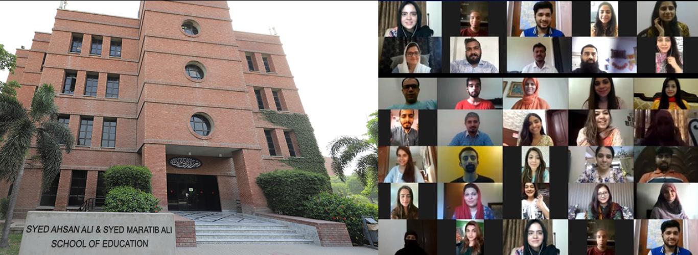 Picture of the School of Education building and a collage of participants' zoom screens