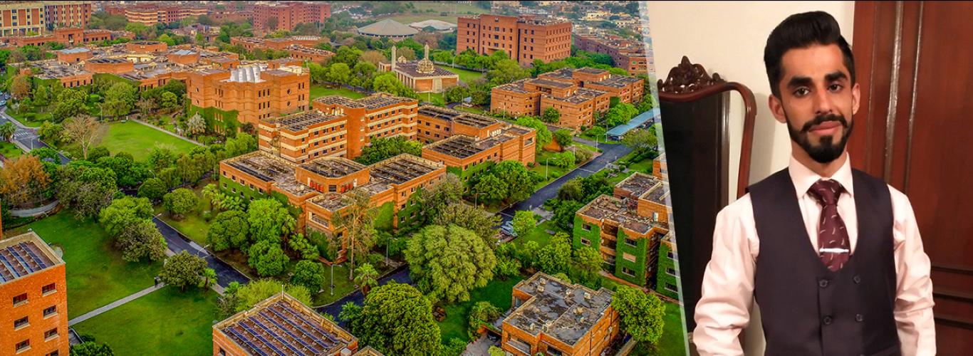 Pano of LUMS with picture of Kaleem bhai in suit