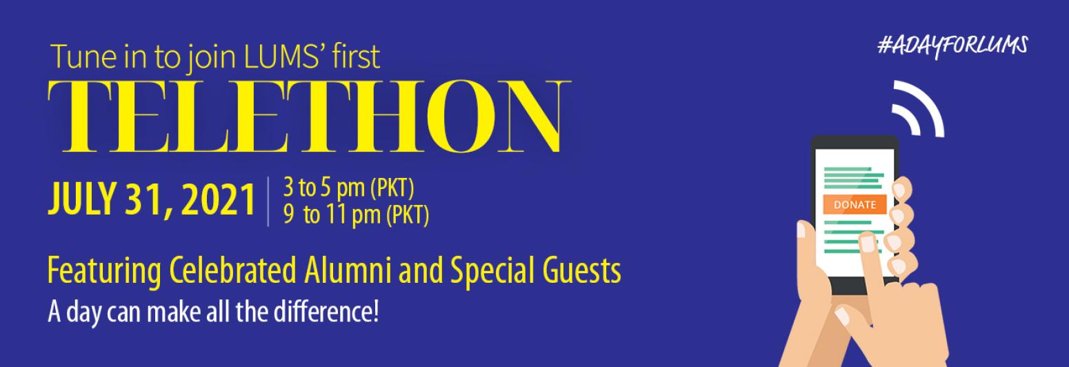 Name and date of the telethon written in yellow over a blue background
